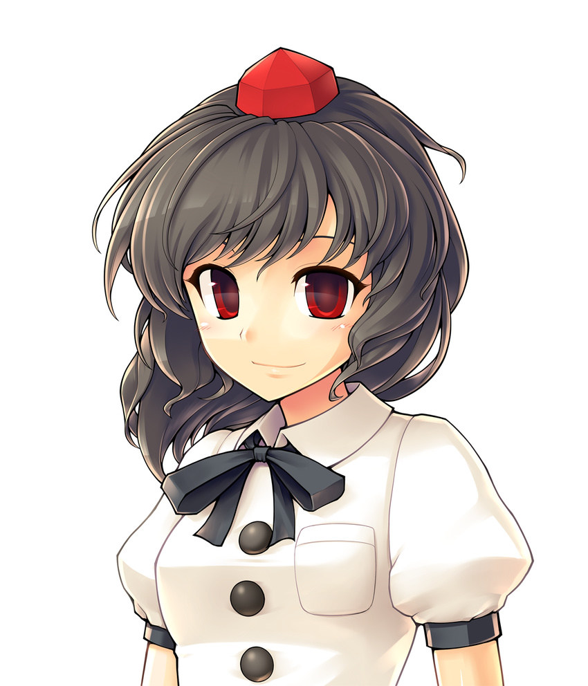 black_hair commentary_request ebizome hat highres looking_at_viewer red_eyes shameimaru_aya smile solo tokin_hat touhou wavy_hair