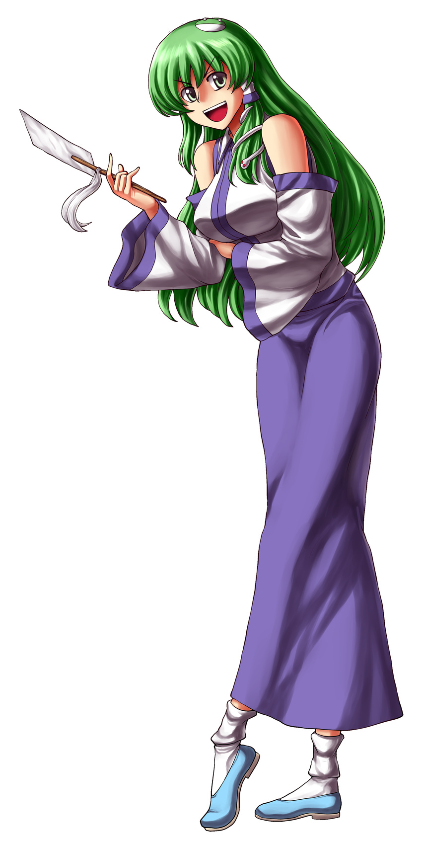 absurdres bare_shoulders blue_footwear detached_sleeves frog_hair_ornament full_body gohei green_eyes green_hair hair_ornament highres kochiya_sanae long_hair long_sleeves looking_at_viewer miyamoto_ryuuichi open_mouth shirt shoes skirt snake_hair_ornament solo touhou transparent_background