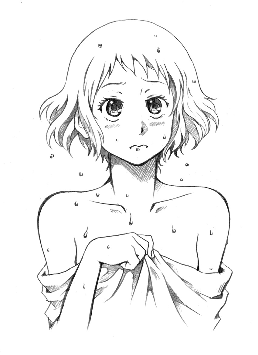 3: bare_shoulders bbb_(friskuser) greyscale highres hyouka ibara_mayaka lineart md5_mismatch monochrome short_hair simple_background wet white_background