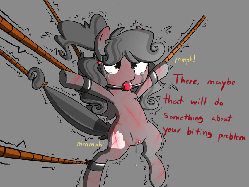 ball_gag bdsm blush bondage bound crying cum cutie_mark dialog english_text equine female feral friendship_is_magic gag hair horse juice mammal my_little_pony pegasus plain_background pony pussy simple_background spanked tears text torture trembling twitching two_tone_hair whipped wings