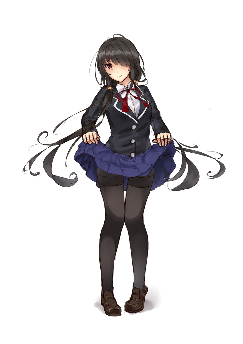 absurdres black_hair black_legwear blazer buttons date_a_live full_body highres jacket lifted_by_self loafers looking_at_viewer pantyhose red_eyes school_uniform shoes simple_background skirt skirt_hold skirt_lift standing thigh_gap thighband_pantyhose tokisaki_kurumi touhu_(f"riend_coffee) white_background