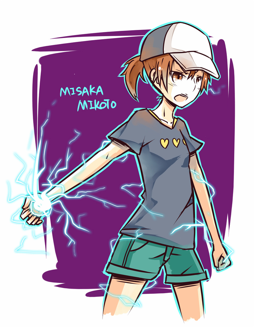 baseball_cap biribiri brown_eyes brown_hair casual electricity hat highres luo. misaka_mikoto ponytail short_hair to_aru_kagaku_no_railgun to_aru_majutsu_no_index