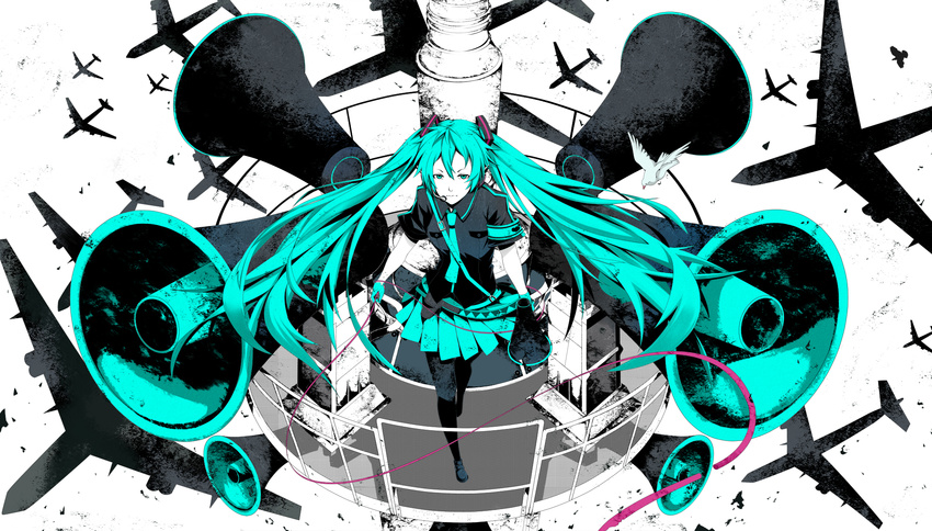 aircraft airplane ayan bad_id bad_pixiv_id bird floating_hair gloves green_eyes green_hair hatsune_miku headset highres koi_wa_sensou_(vocaloid) long_hair megaphone necktie pantyhose silhouette skirt solo twintails very_long_hair vocaloid