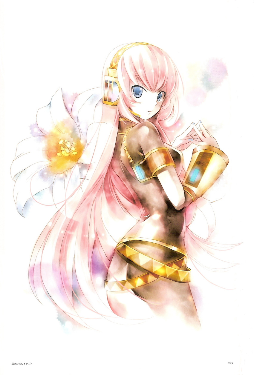 armband blue_eyes flower hands_together highres kei_(keigarou) long_hair looking_back megurine_luka official_art pink_hair simple_background solo vocaloid white_background