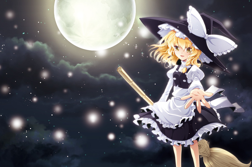 blonde_hair broom full_moon hat hat_ribbon kirisame_marisa moon moonlight night outstretched_hand ribbon solo touhou tsukasaki_aoi witch_hat yellow_eyes