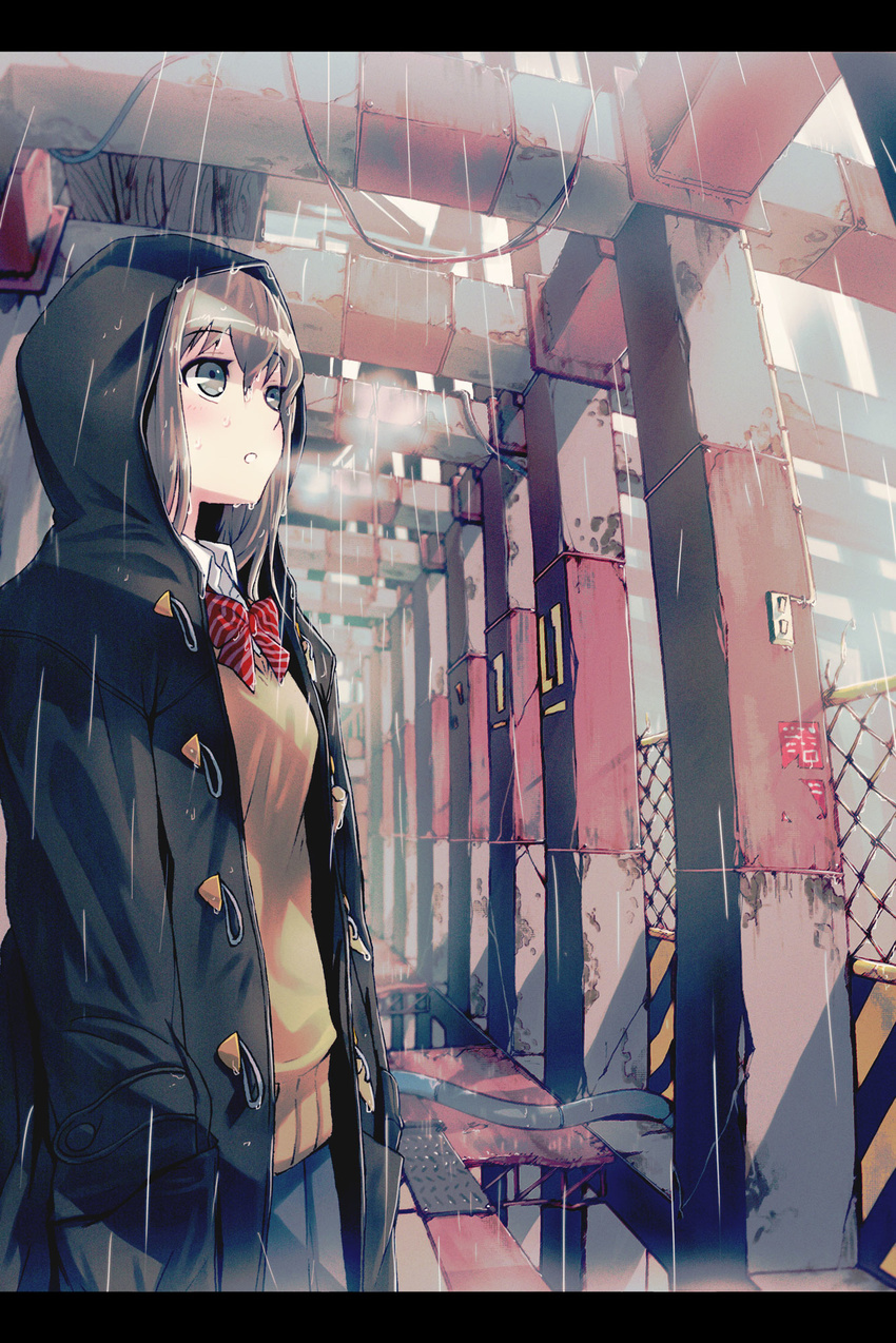 40hara :o black_eyes bow bowtie brown_hair coat fence hands_in_pockets highres hood letterboxed original rain school_uniform skirt solo sweater_vest toggles wet