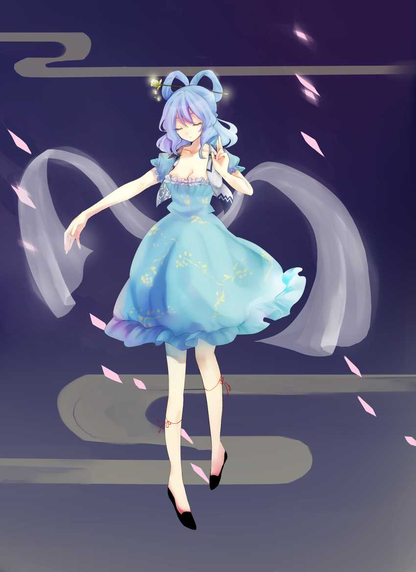 absurdres blue_background blue_hair breasts cleavage closed_eyes collarbone dress eyelashes hair_ornament hair_rings hair_stick highres kaku_seiga leg_ribbon medium_breasts outstretched_arm ribbon seaminato shawl short_hair simple_background solo touhou vest