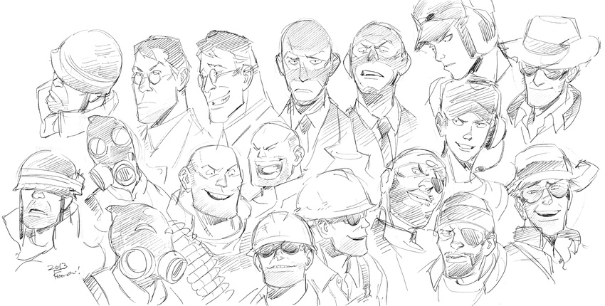 ^_^ bad_id bad_pixiv_id balaclava bandolier closed_eyes dated everyone eyepatch face formal frown glasses goggles greyscale grin hardhat hat headset helmet highres kotteri male_focus monochrome multiple_boys necktie open_mouth signature sketch smile soldier's_stash suit sunglasses team_fortress_2 the_demoman the_engineer the_heavy the_medic the_pyro the_scout the_sniper the_soldier the_spy upper_body white_background