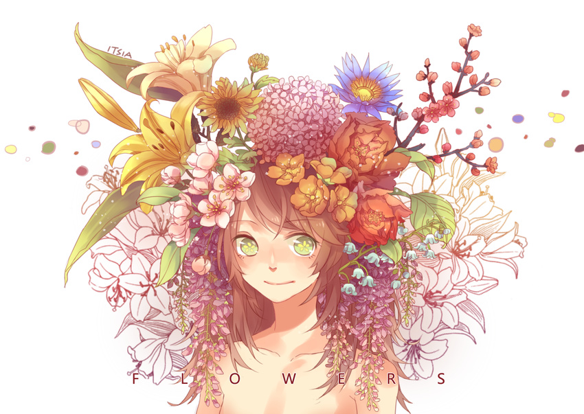 bare_shoulders brown_hair cherry_blossom female flower flowers green_eyes hair_flower itsia itsiaorz lilac looking_at_viewer original petals smile solo sun sunflower topless yellow_flower