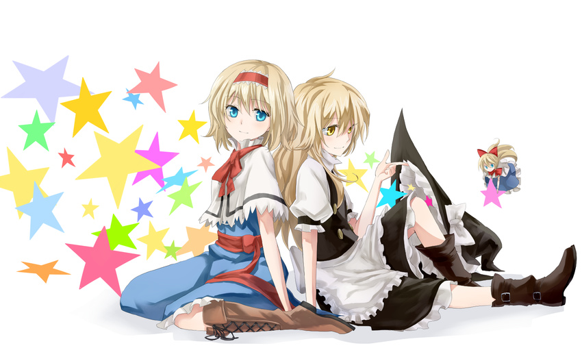 alice_margatroid back-to-back blonde_hair blue_eyes hat hat_removed headwear_removed kirisame_marisa long_hair mitsunara multiple_girls shanghai_doll short_hair simple_background sitting smile star touhou white_background witch_hat yellow_eyes