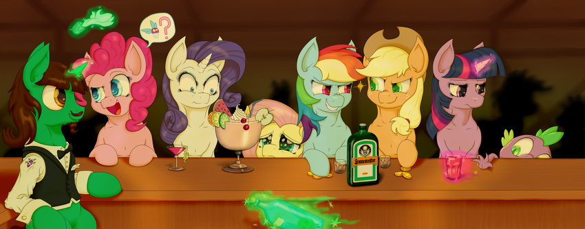 alcohol applejack_(mlp) bar beverage blonde_hair blue_eyes brown_hair cowboy_hat cyan_body cyan_eyes dragon equine eye_contact female feral fluttershy_(mlp) freckles friendship_is_magic fur green_eyes green_fur group hair hat havikm66 horn horse male mammal multi-colored_hair my_little_pony orange_fur pegasus pink_fur pink_hair pinkie_pie_(mlp) pony purple_eyes purple_fur purple_hair purple_scales rainbow_dash_(mlp) rainbow_hair rarity_(mlp) red_eyes scalie silhouette spike_(mlp) twilight_sparkle_(mlp) unicorn white_fur wings yellow_fur