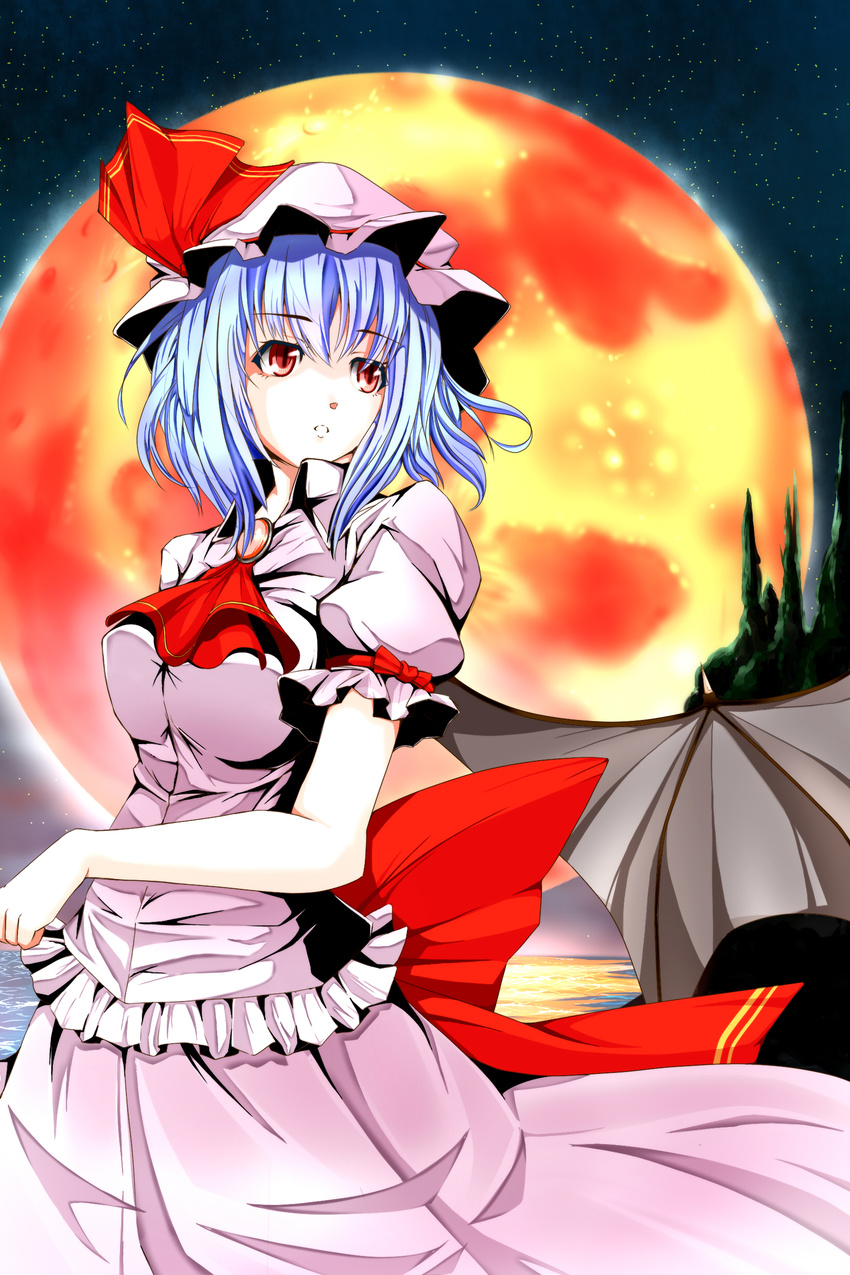 :o absurdres ascot bad_id bad_pixiv_id bat_wings blue_hair bow breasts brooch full_moon hat hat_ribbon highres irieventura jewelry looking_away medium_breasts mob_cap moon older puffy_short_sleeves puffy_sleeves red_eyes red_moon remilia_scarlet ribbon short_hair short_sleeves skirt skirt_set sky solo star_(sky) starry_sky touhou tree water wings