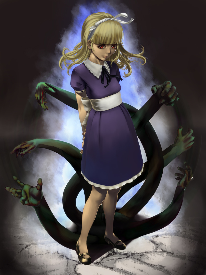 alice_(megami_tensei) bad_id bad_pixiv_id bangs blonde_hair blue_dress blunt_bangs bow bowtie darkness devil_summoner devil_survivor_2 dress hair_bow hair_ribbon highres long_hair mary_janes megami_ibunroku_devil_survivor megami_tensei obi persona petticoat puffy_short_sleeves puffy_sleeves red_eyes ribbon sash shin_megami_tensei shisshou_senkoku shoes short_sleeves solo thighhighs white_legwear