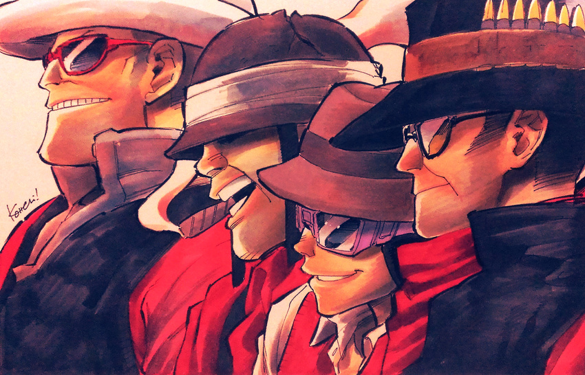 bad_id bad_pixiv_id bandages bullet cigar covered_eyes grin hat helmet helmet_over_eyes kotteri male_focus multiple_boys open_mouth profile signature smile smoke smoking sunglasses team_fortress_2 the_heavy the_scout the_sniper the_soldier