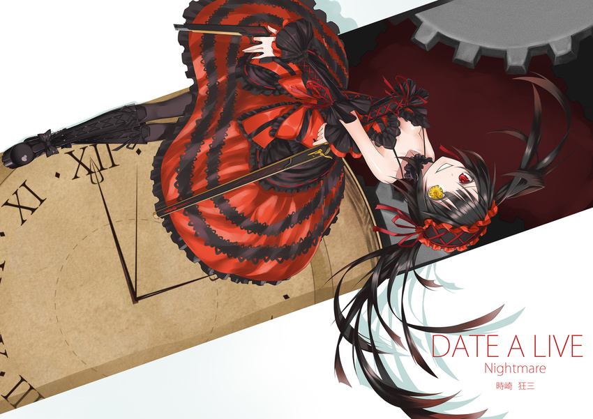 bare_shoulders black_hair breasts character_name cleavage clock clock_eyes copyright_name date_a_live dress dual_wielding gears gun hairband head_back heterochromia highres holding lolita_fashion lolita_hairband long_hair looking_at_viewer medium_breasts neko7 red_eyes ribbon rifle simple_background smile solo symbol-shaped_pupils text_focus tokisaki_kurumi twintails weapon white_background yellow_eyes
