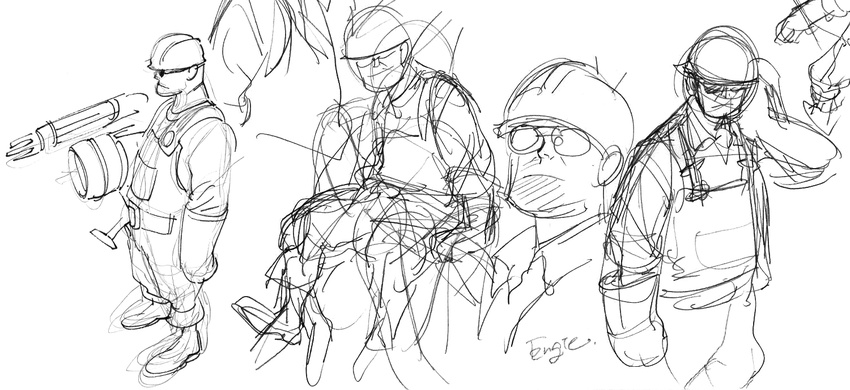bad_id bad_pixiv_id character_name goggles greyscale hat helmet kotteri male_focus monochrome sketch solo team_fortress_2 the_engineer white_background