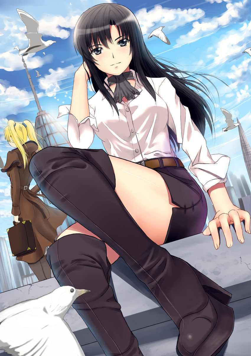 absurdres ascot bird black_hair black_legwear blonde_hair boots cityscape cloud coat day hand_in_hair highres legs long_hair miniskirt multiple_girls original seagull sitting skirt sky soyokaze suitcase thigh_boots thighhighs twintails