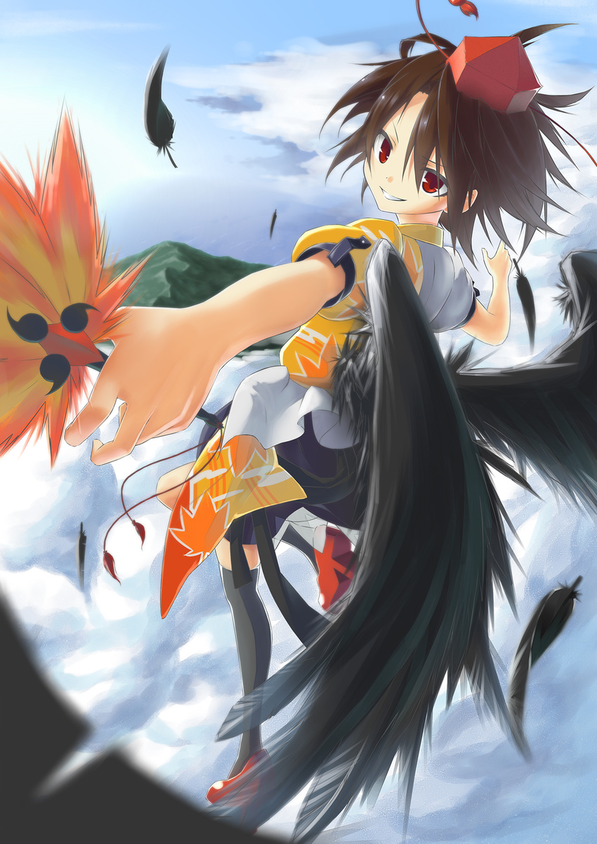 black_wings brown_hair cloud day feathered_wings feathers flying from_behind geta grin hat highres looking_at_viewer looking_back mountain neko7 outdoors pom_pom_(clothes) red_eyes red_hat shameimaru_aya short_hair skirt sky smile solo tokin_hat touhou wings
