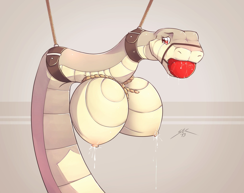 ball_gag bdsm belt big_breasts blush bondage bound breasts female feral gag grey_background grey_skin lactating milk nipples non-mammal_breasts nude plain_background red_eyes reptile rope saliva scalie snake solo spotty_the_cheetah white_skin