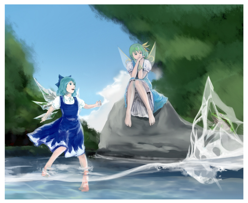 barefoot blue_hair bow cirno daiyousei dress frog frozen frozen_frog green_hair ice ice_wings multiple_girls rock smile thart touhou water wings