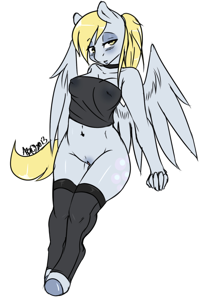 anthro anthrofied avante92 blonde_hair blush breasts clothing cutie_mark derp_eyes derpy_hooves_(mlp) equine female friendship_is_magic hair horse legwear looking_at_viewer mammal my_little_pony navel pegasus plain_background pony ponytail pussy shirt standing stockings white_background wings yellow_eyes