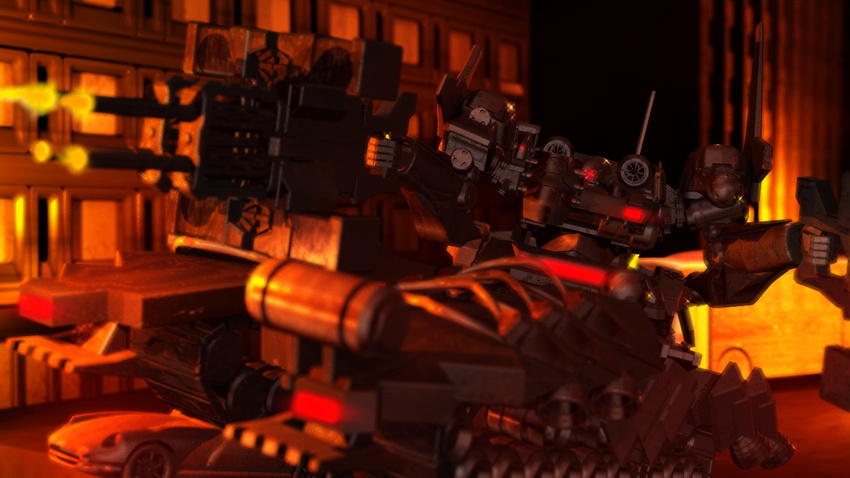 armored_core armored_core_5 blurry building depth_of_field dual_wielding fire firing glowing glowing_eyes gotoms ground_vehicle gun holding mecha military military_vehicle motor_vehicle no_humans red_eyes robot tank weapon