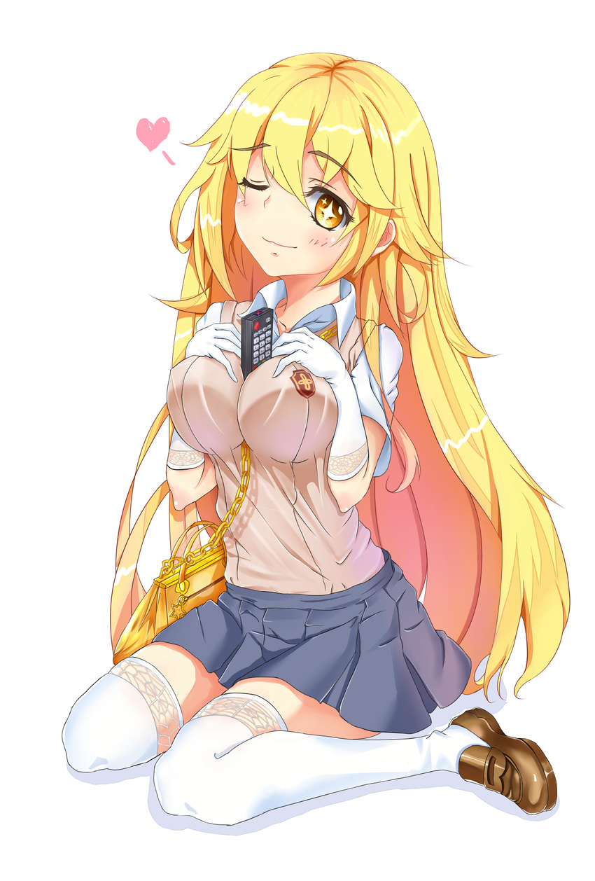 1girl absurdres bag between_breasts blonde_hair breast_squeeze breasts chain chikyuugai_no_007 controller elbow_gloves full_body gloves handbag hands_on_own_chest highres large_breasts light_smile loafers long_hair looking_at_viewer one_eye_closed pleated_skirt remote_control school_uniform sexually_suggestive shoes shokuhou_misaki short_sleeves simple_background sitting skirt solo spider_web_print sweater_vest symbol-shaped_pupils thighhighs to_aru_kagaku_no_railgun to_aru_majutsu_no_index wariza white_background white_gloves white_legwear yellow_eyes zettai_ryouiki