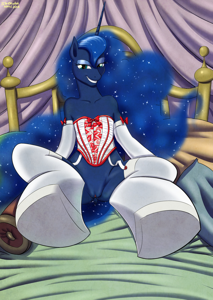 anthrofied bed equine female friendship_is_magic horse looking_at_viewer mammal my_little_pony pony princess princess_luna_(mlp) pussy royalty siberwar smile solo