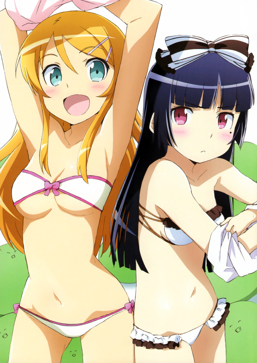 :&lt; :d absurdres aqua_eyes armpits arms_up bandeau bare_shoulders bikini black_hair blush bow breasts cleavage frilled_bikini frills front-tie_top frown gokou_ruri hair_bow hair_ornament hairclip highres hime_cut huge_filesize kanzaki_hiro kousaka_kirino long_hair looking_at_viewer lowleg lowleg_bikini medium_breasts mole mole_under_eye multiple_girls navel official_art open_mouth orange_hair ore_no_imouto_ga_konna_ni_kawaii_wake_ga_nai pout purple_eyes scan side-tie_bikini smile swimsuit underboob undressing very_long_hair white_bikini