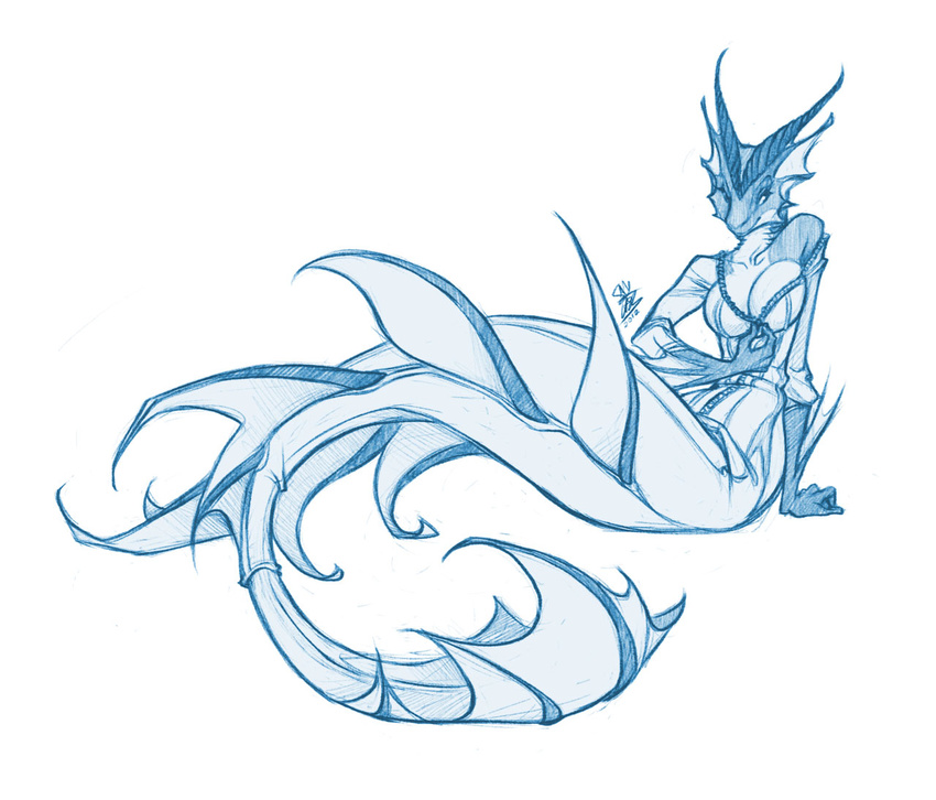 breasts dragon female hybrid mermaid monochrome non-mammal_breasts plain_background reclining redbeanviolin scalie sketch smile solo suggestive