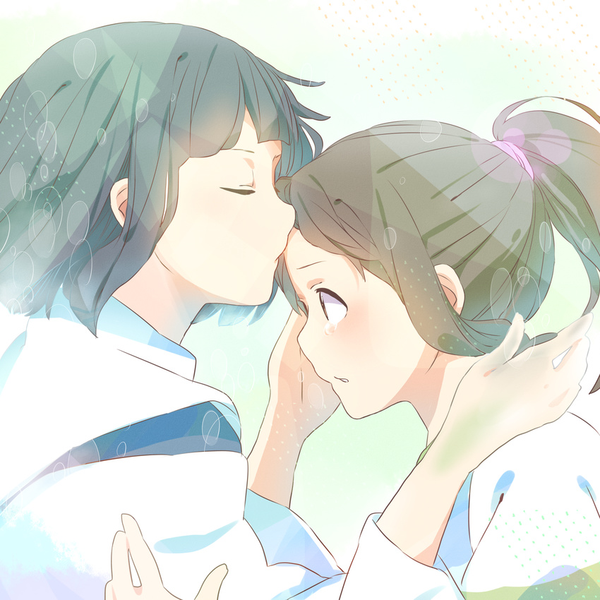 1girl blush braid brown_hair bubble closed_eyes couple forehead_kiss green_hair haku_(sen_to_chihiro_no_kamikakushi) hetero highres japanese_clothes kana_(okitasougo222) kiss ogino_chihiro ponytail profile sen_to_chihiro_no_kamikakushi short_hair tears