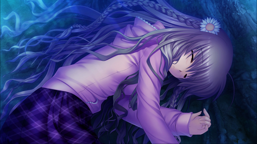 braids brown_hair flowers forest game_cg kanbe_kotori night rewrite sleeping