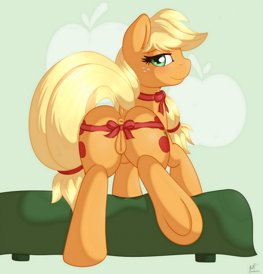 anus applejack_(mlp) blinking blonde_hair bow butt clitoral_winking cutie_mark earth_pony edit equine female feral friendship_is_magic green_eyes hair hi_res horse looking_back mammal my_little_pony pony presenting puffy_anus pussy pussy_wink ratofdrawn ribbons solo