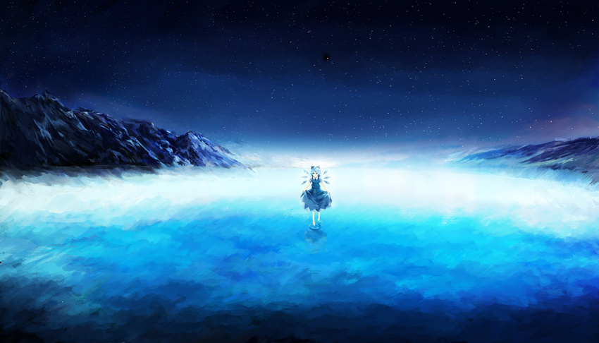 bad_id bad_pixiv_id blue_dress blue_hair cirno curtsey dress highres ice ice_wings lake misty_lake mountain night puffy_sleeves qunqing scenery short_sleeves sky solo star_(sky) starry_sky touhou wings