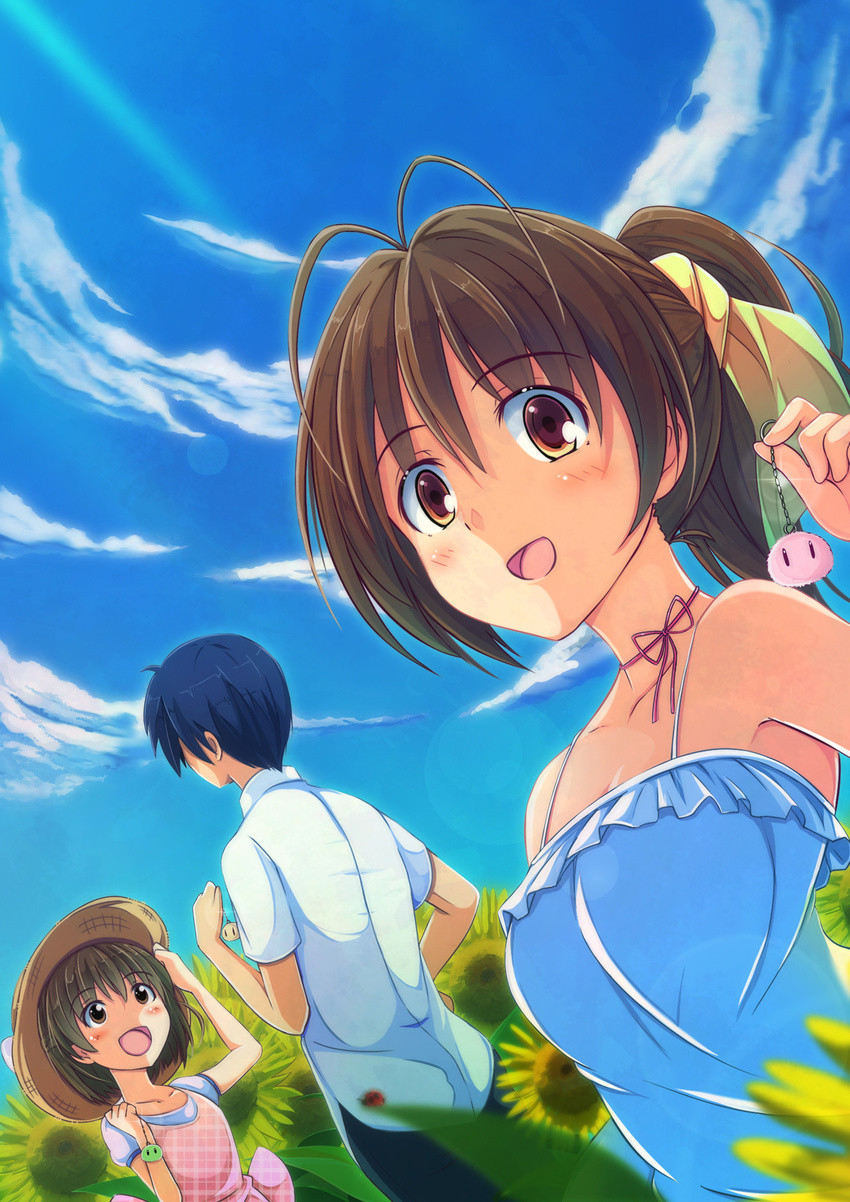 2girls bad_id bad_pixiv_id clannad dango_daikazoku family flower furukawa_nagisa hat highres keychain multiple_girls okazaki_tomoya okazaki_ushio okome_(minagisama) sunflower