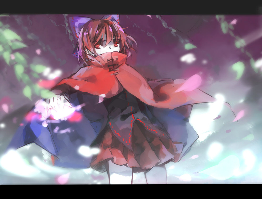 bad_id bad_pixiv_id bow cape hair_bow pleated_skirt red_(girllove) red_eyes red_hair sekibanki short_hair skirt solo touhou willow