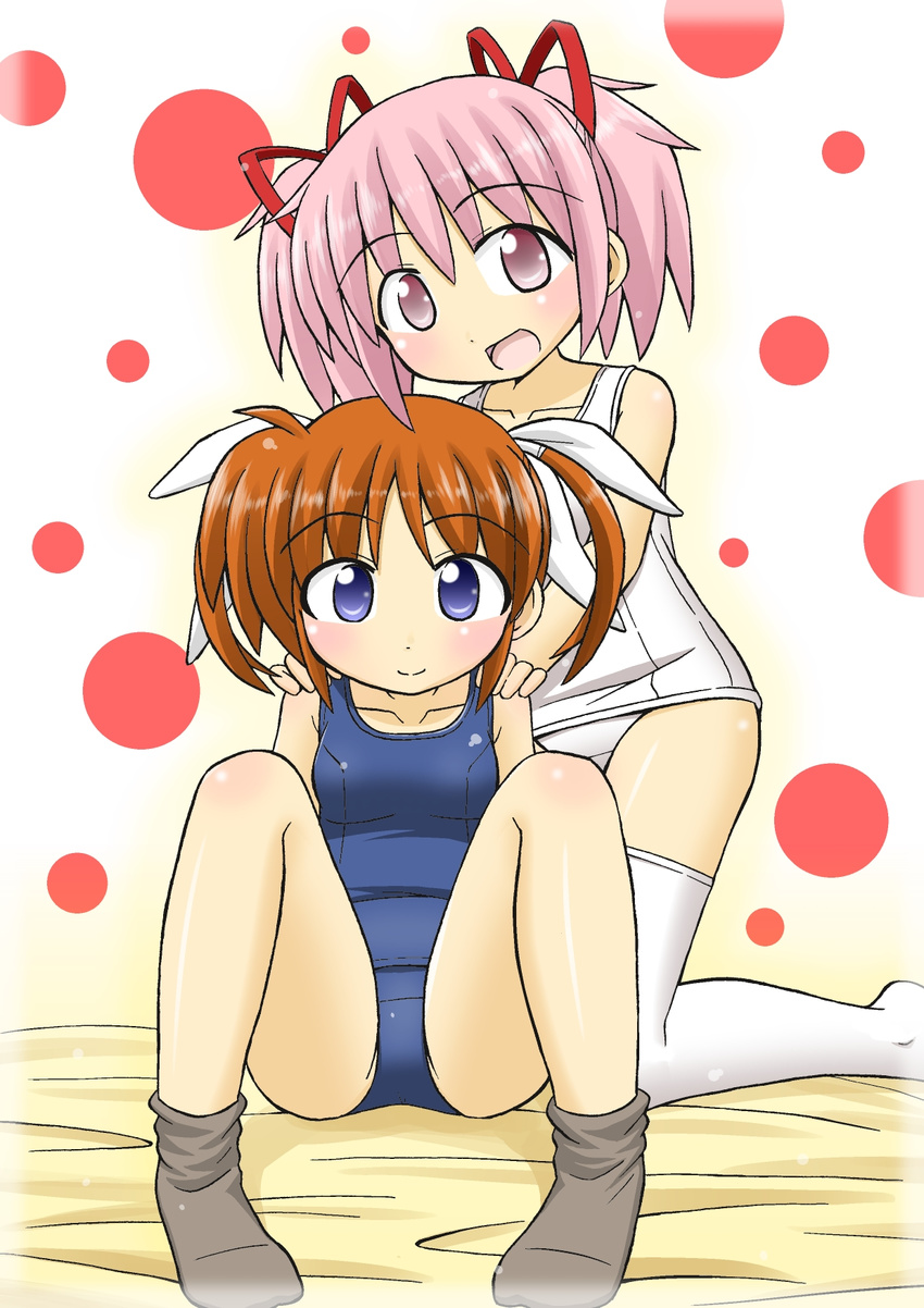 bare_shoulders blush brown_hair crossover hair_ribbon hands_on_shoulders highres kaname_madoka lyrical_nanoha mahou_shoujo_lyrical_nanoha mahou_shoujo_madoka_magica multiple_girls one-piece_swimsuit open_mouth pink_eyes pink_hair rainbowcard ribbon school_swimsuit short_twintails smile socks swimsuit takamachi_nanoha thighhighs twintails white_legwear