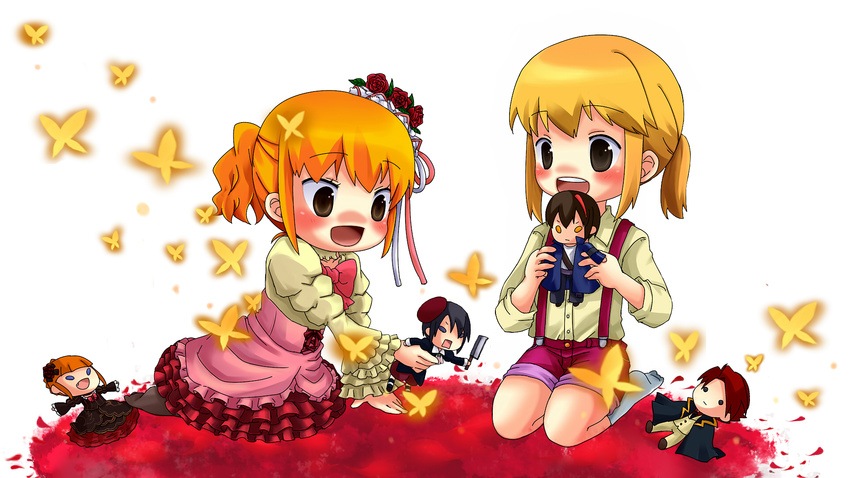 1girl androgynous beatrice black_hair blonde_hair bow brown_hair bug butterfly cape character_doll child cleaver coat cosplay dress flower grey_eyes hair_flower hair_ornament hat highres insect kanon_(umineko) makachin open_mouth ponytail red_hair seiza shorts siblings sitting smile suspenders umineko_no_naku_koro_ni ushiromiya_battler ushiromiya_jessica ushiromiya_lion willard_h_wright younger