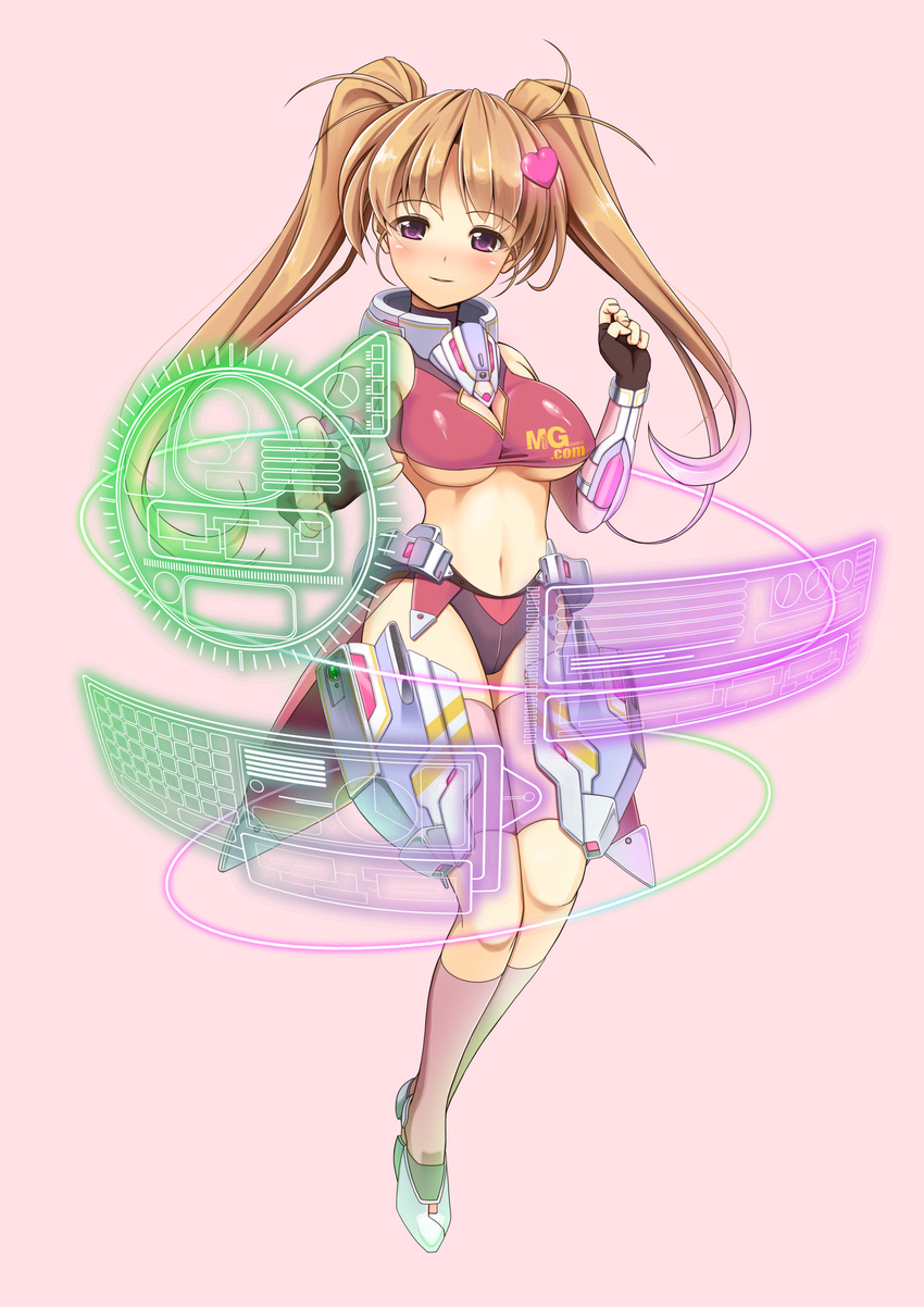 1girl adult armor blush brown_hair cleavage_cutout comko fingerless_gloves gloves hair_clip hair_ornament hairclip heart highres holographic_interface light_rings mangagamer mangagamer_2.0 older purple_eyes simple_background twintails