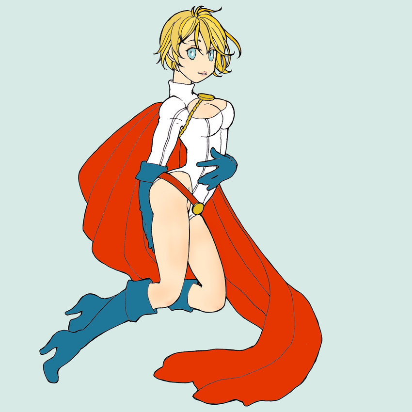 1girl alien blonde_hair blue_eyes blue_gloves blue_shoes boots breasts cape cutout dc_comics flying gloves high_heel_boots high_heels highres kryptonian leotard long_sleeves matsutakedo power_girl red_cape shoes short_hair solo