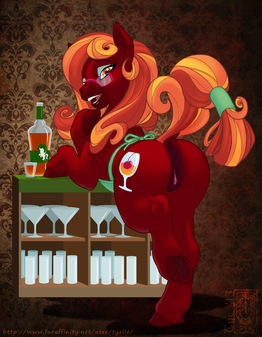 alcohol amber_eyes anus beverage blonde_hair bottle butt equine eyewear female feral glass glasses hair hooves horse inside long_hair looking_at_viewer looking_back makeup mammal my_little_pony nude pony pose puffy_anus pussy raised_tail red_hair red_skin solo thighs tyelle_niko