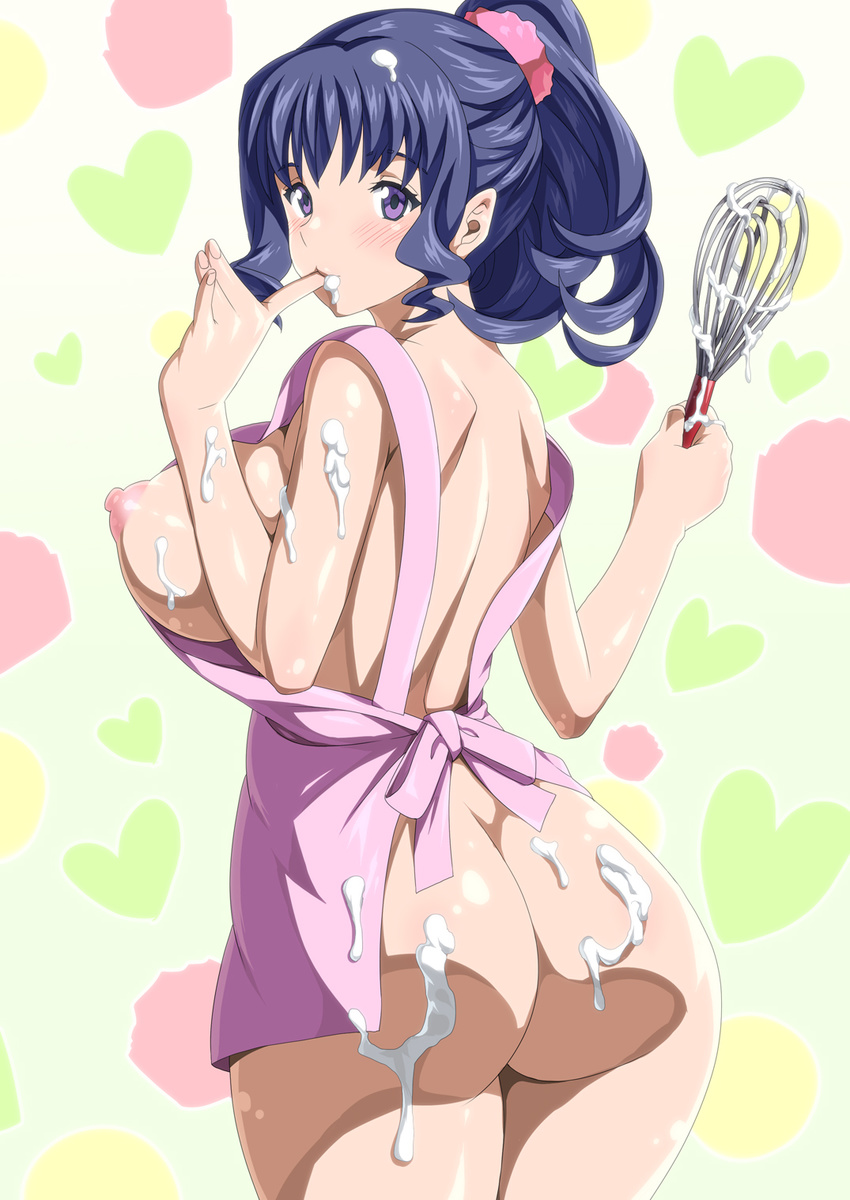 1girl apron ass batter blue_hair blush breasts curvy finger_in_mouth from_behind highres housewife huge_ass huge_breasts large_breasts milf minamino_misora naked_apron plump precure sexually_suggestive shin'ya_(shin'yanchi) shinya_(shinyanchi) sideboob suite_precure wide_hips
