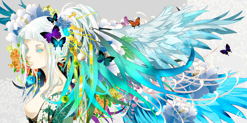 blue_eyes butterfly flowers japanese_clothes kimono long_hair nanasie original ponytail white_hair wings