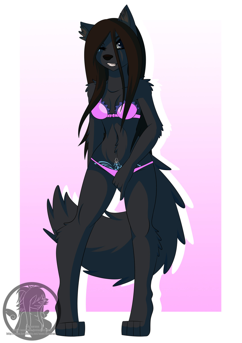 black black_fur bra breasts brown_hair canine clothed clothing female fur hair invalid_tag looking_at_viewer mammal one_eye_closed sia(character) sia_(character) skimpy smile solo tattoo underwear wink wolf
