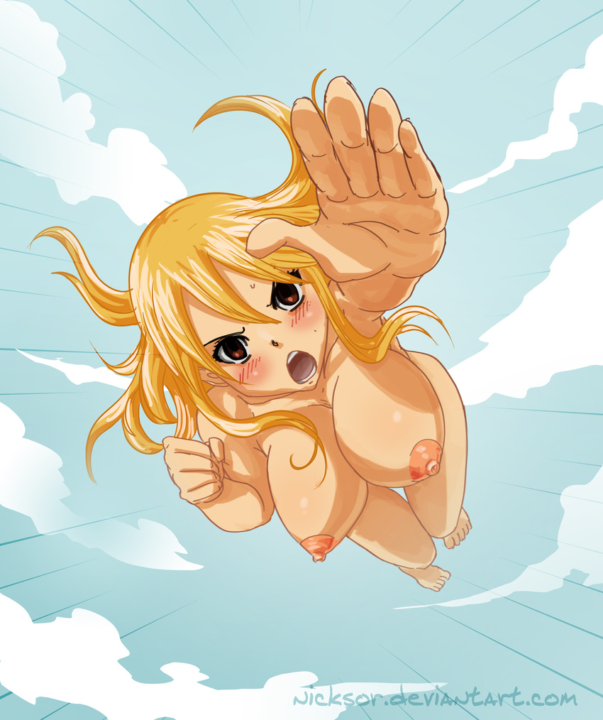 1girl absurdres breasts fairy_tail flying highres lucy_heartfilia nipples nude sky