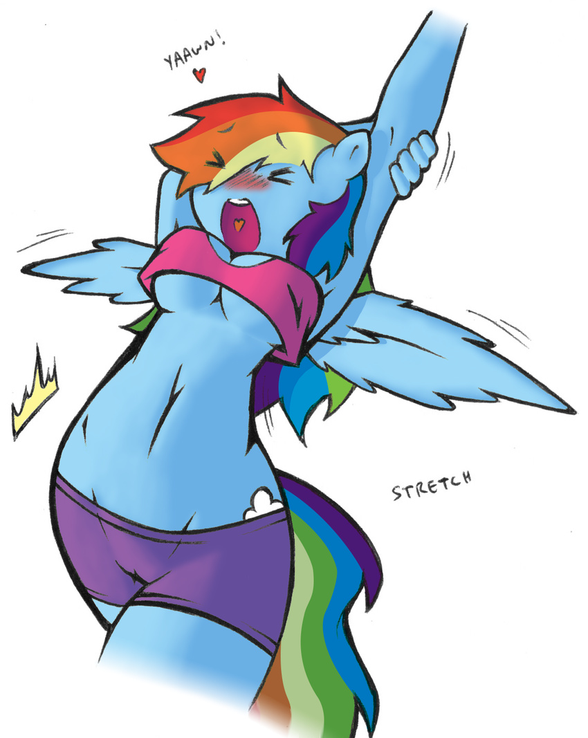 anthrofied blush breasts camel_toe clothing cold-blooded-twilight cutie_mark english_text equine eyes_closed female friendship_is_magic hair mammal multi-colored_hair my_little_pony open_mouth pegasus plain_background rainbow_dash_(mlp) rainbow_hair solo stretching text tongue under_boob white_background wings yawn