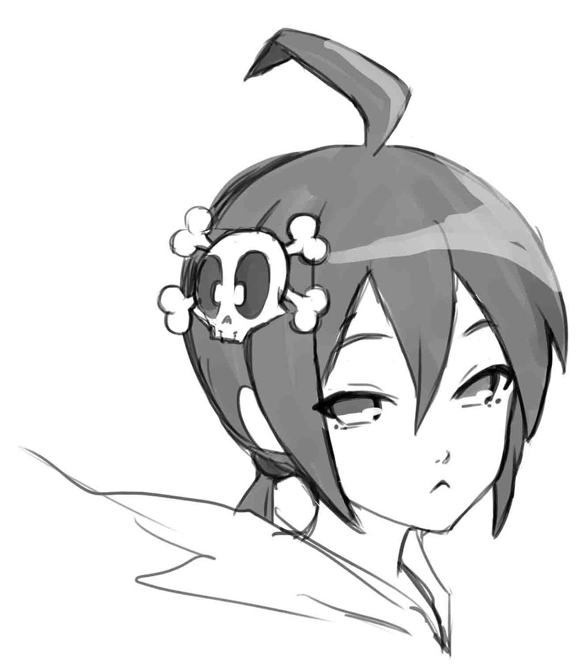 1girl :&lt; ahoge artist_request face fearless_night hair_ornament highres long_hair monochrome poco_muerte skull_hair_ornament solo spike_wible spikewible twintails