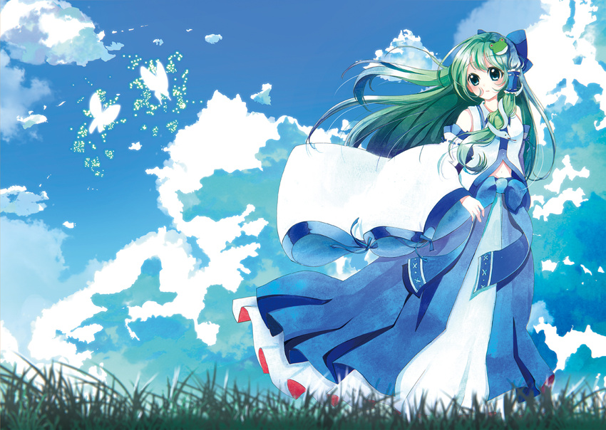 blue_sky bow bug butterfly cloud day detached_sleeves frog_hair_ornament grass green_eyes green_hair hair_bow hair_ornament hair_tubes insect kochiya_sanae light_particles long_hair looking_away marui-kun midriff outdoors ribbon sash skirt sky snake solo touhou vest wind