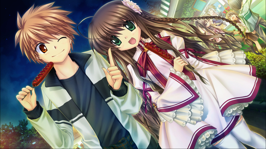 braids brown_hair eat festival flowers game_cg green_eyes happy kanbe_kotori laugh night rewrite sausage uniform wink