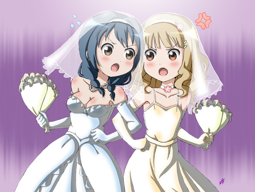 :o anger_vein angry arguing bare_shoulders blonde_hair blue_hair bouquet braid breasts bridal_veil bride brown_eyes collarbone dress elbow_gloves fang flat_chest flower furutani_himawari gloves hair_ornament hairclip highres locked_arms multiple_girls mutual_tsundere oomuro_sakurako open_mouth tsundere twin_braids v-shaped_eyebrows veil vzmk2 wedding wedding_dress wife_and_wife yuri yuru_yuri